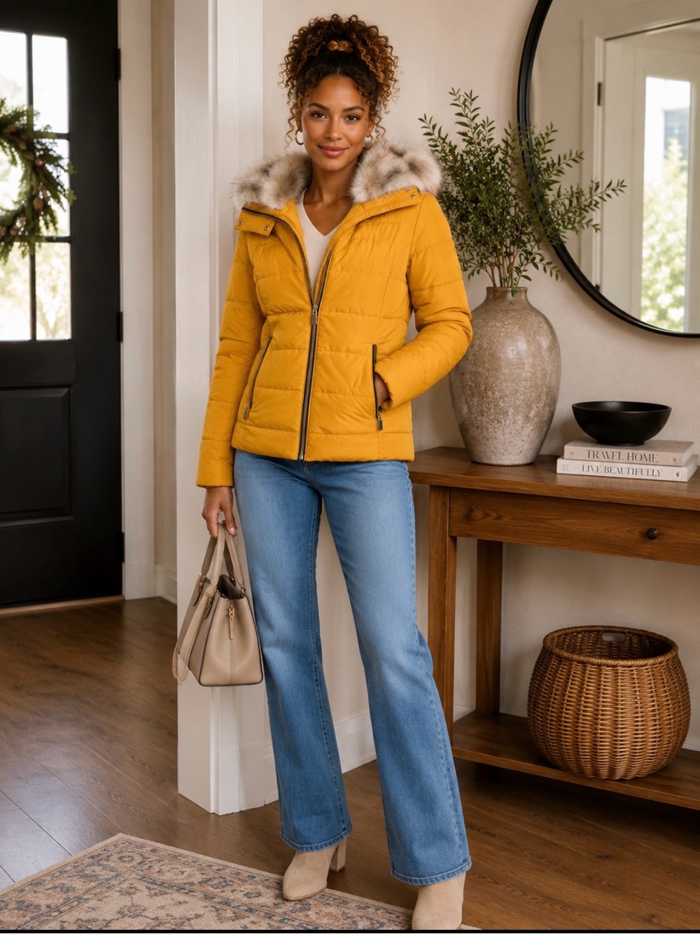 NY & Co Mustard Yellow Puffer Jacket with Faux Fur Trim